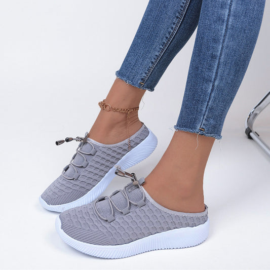 European And American Plus Size Flying Woven Low Heel Lace Up Pumps Women