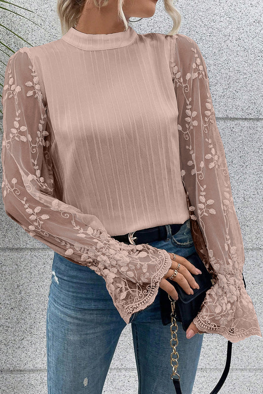 Apricot Pink Lace Sleeve Blouse-0