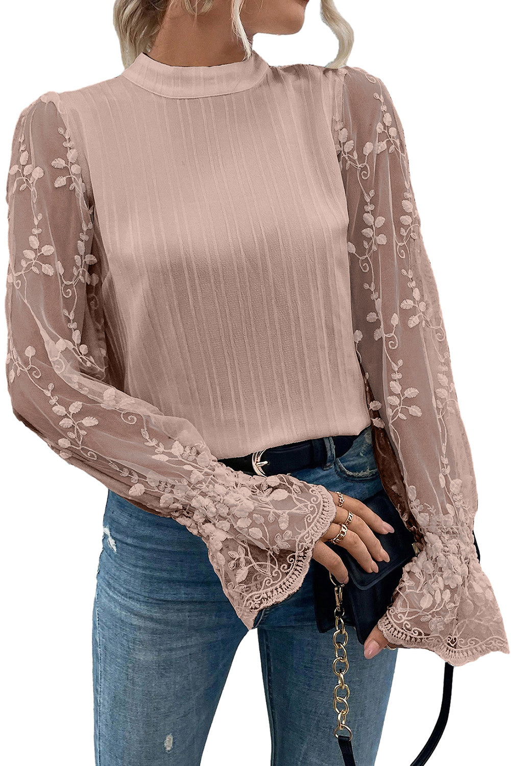 Apricot Pink Lace Sleeve Blouse-3