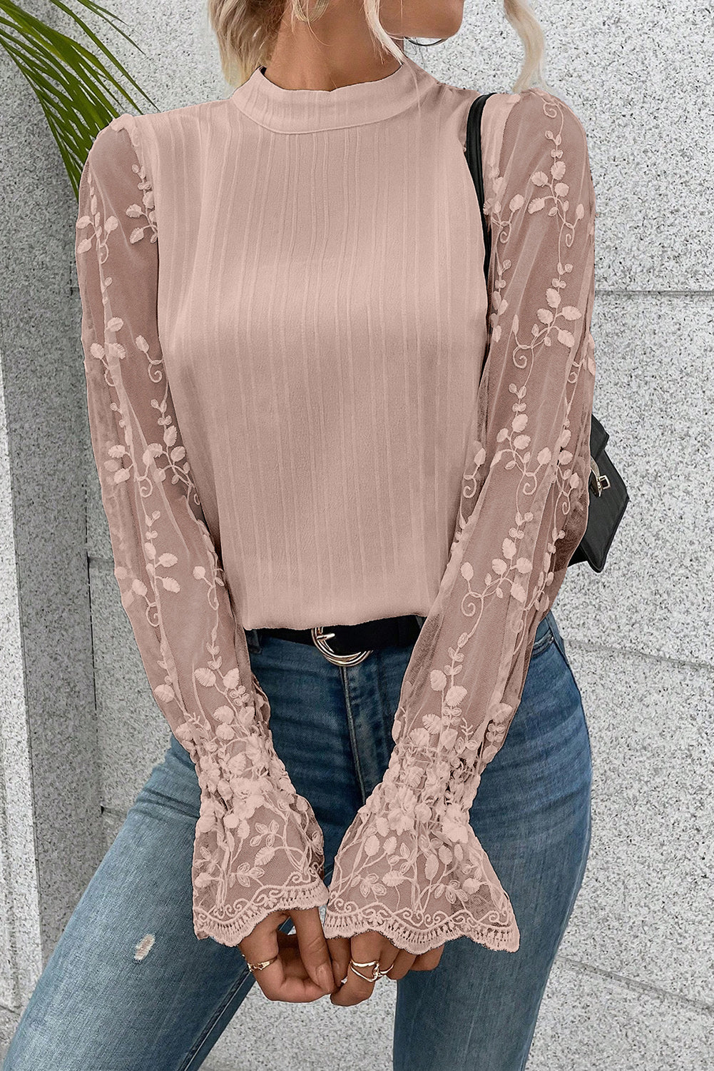 Apricot Pink Lace Sleeve Blouse-2