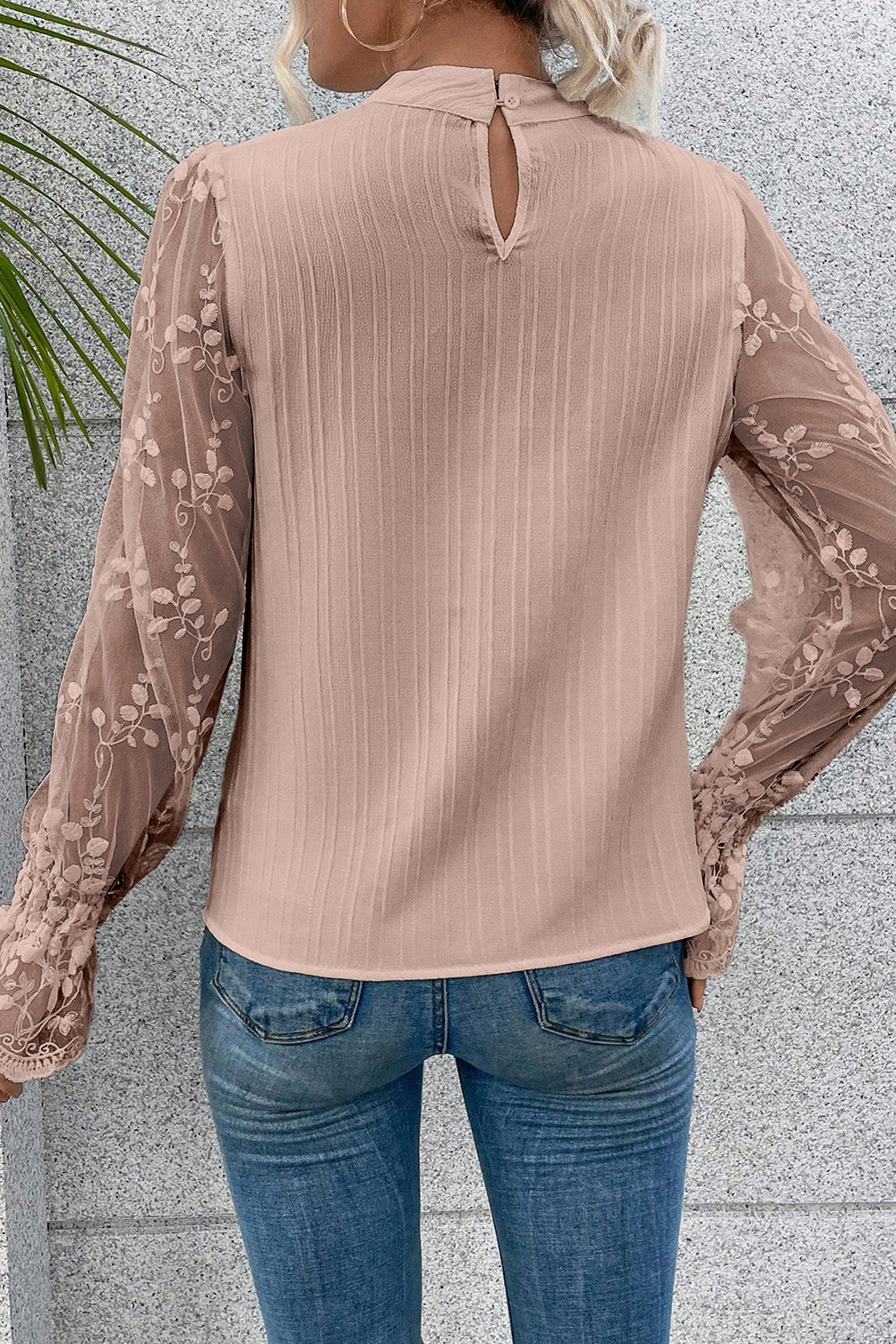 Apricot Pink Lace Sleeve Blouse-1