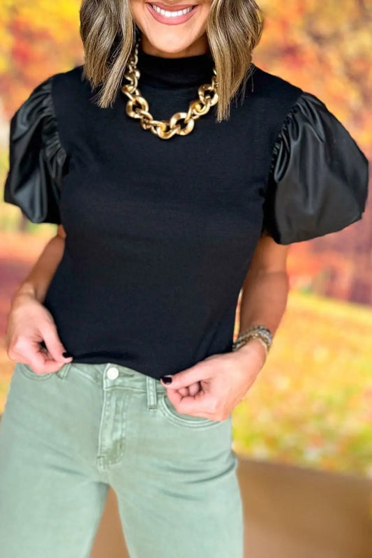 Black Faux Leather Puff Short Sleeve Mock Neck Top-0