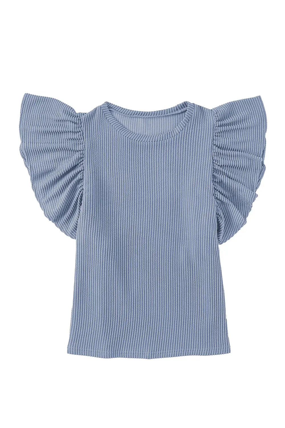 Sky Blue Ribbed Knit Ruffled Short Sleeve T Shirt-11
