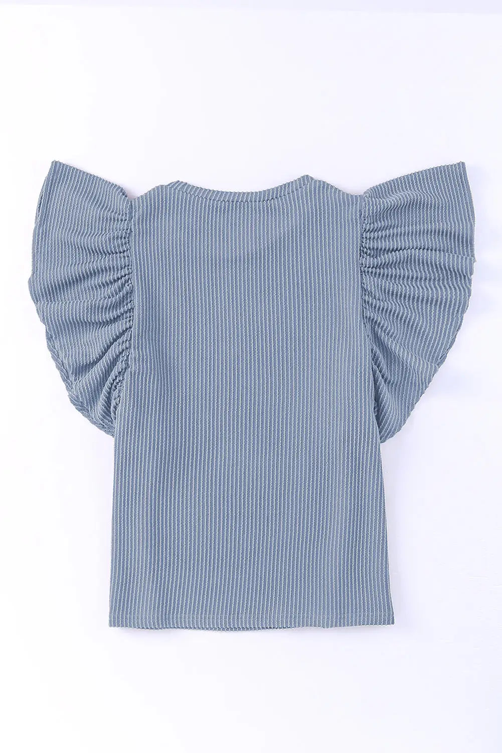 Sky Blue Ribbed Knit Ruffled Short Sleeve T Shirt-6