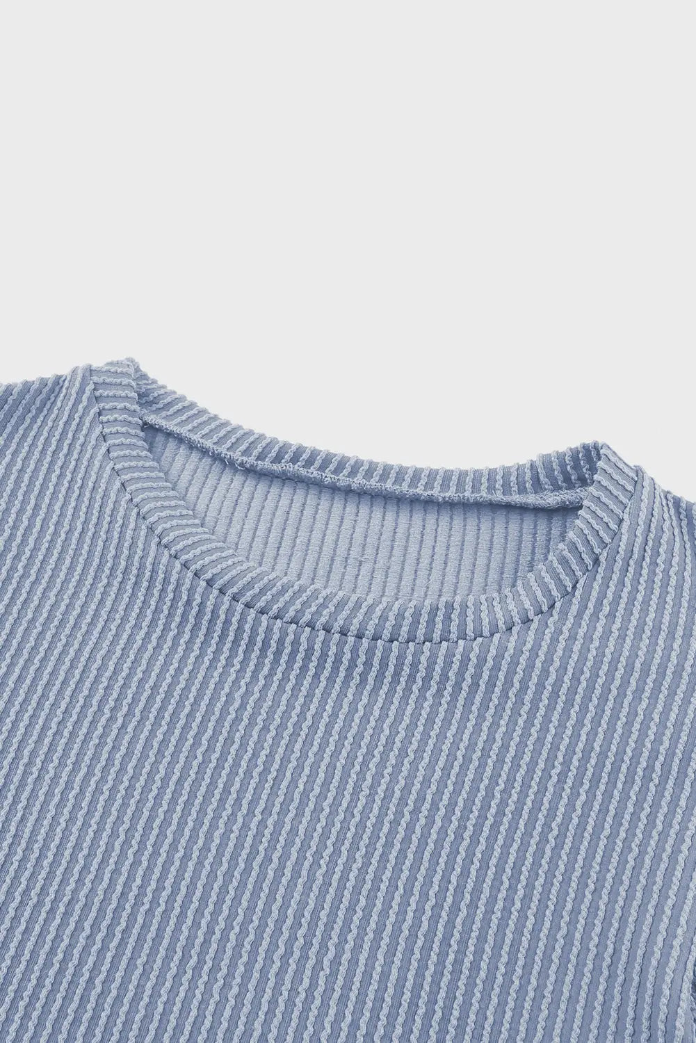Sky Blue Ribbed Knit Ruffled Short Sleeve T Shirt-7