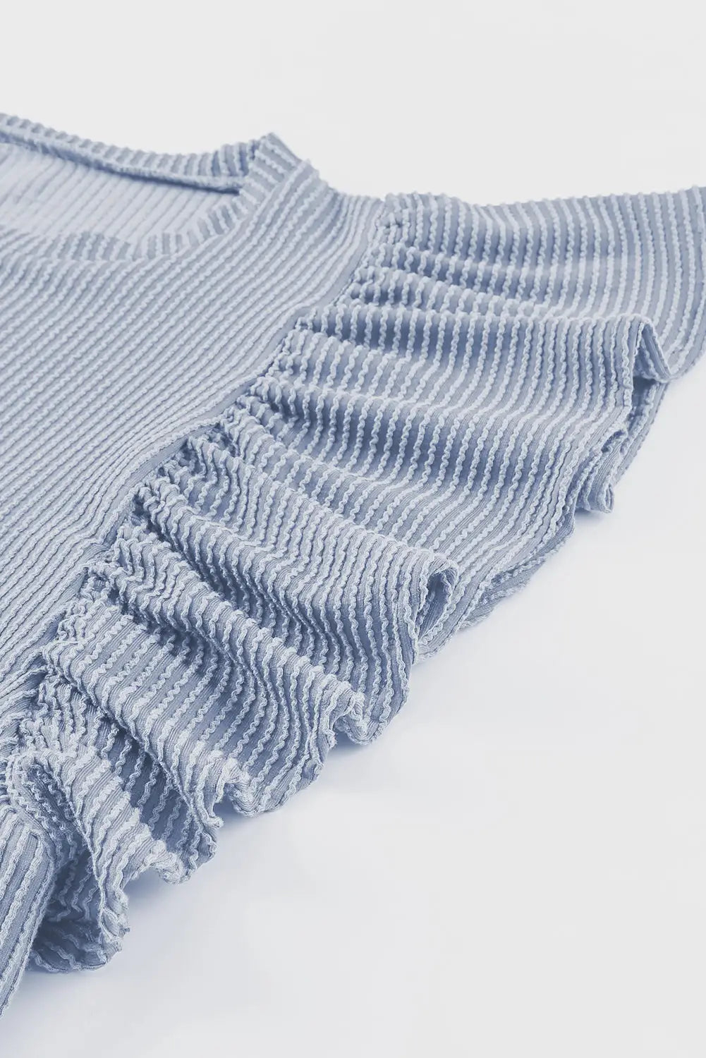 Sky Blue Ribbed Knit Ruffled Short Sleeve T Shirt-8