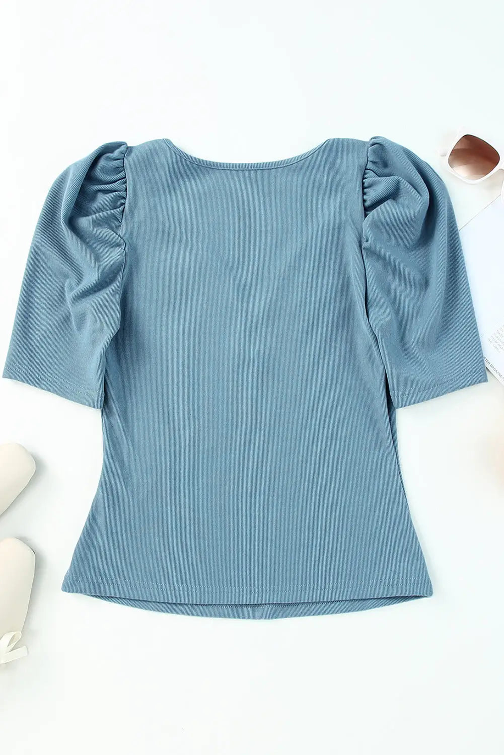 Sky Blue Ribbed Knit V Neck Ruched Sleeve Top-15