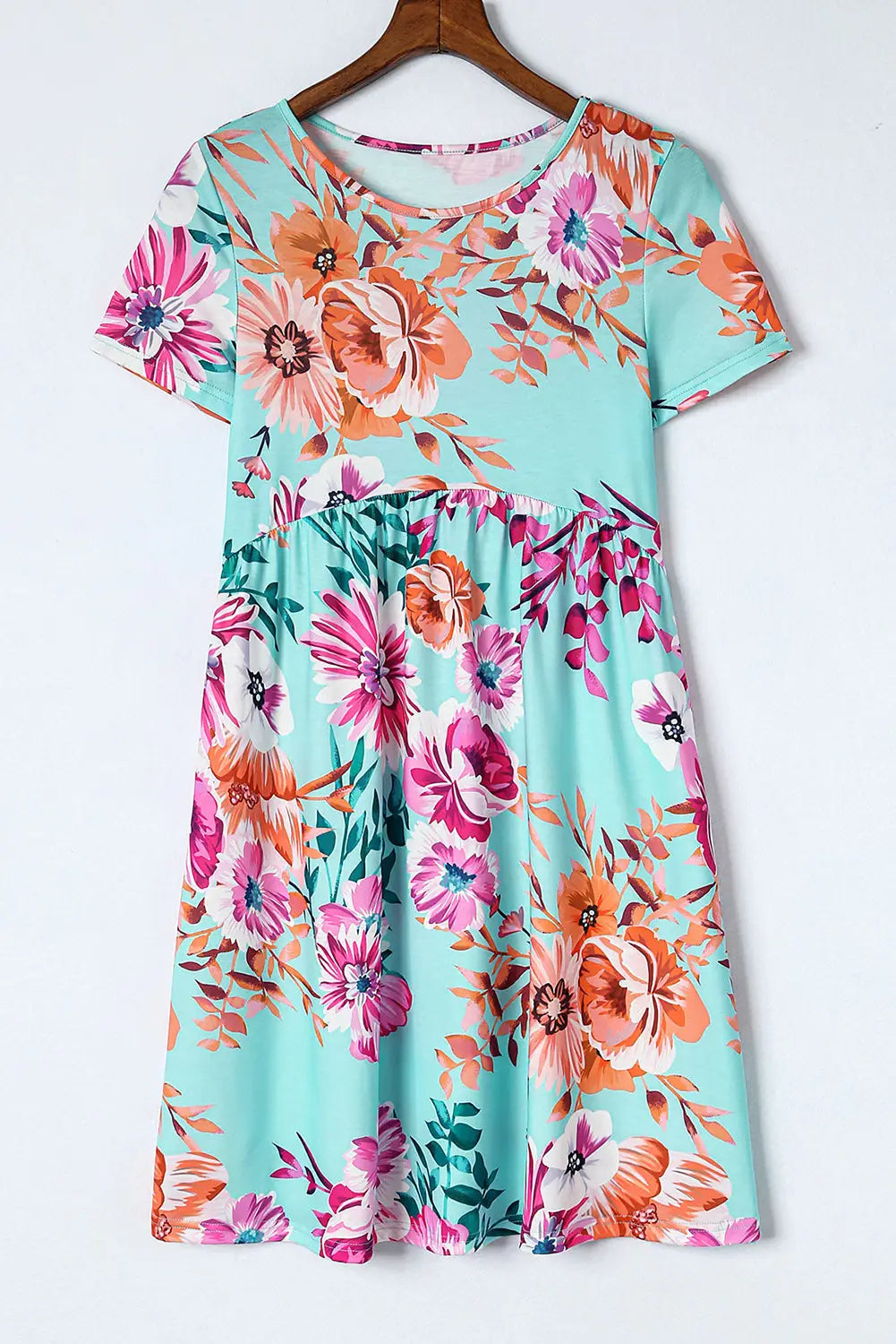 Sky Blue Short Sleeve High Waist Floral T-shirt Dress-9