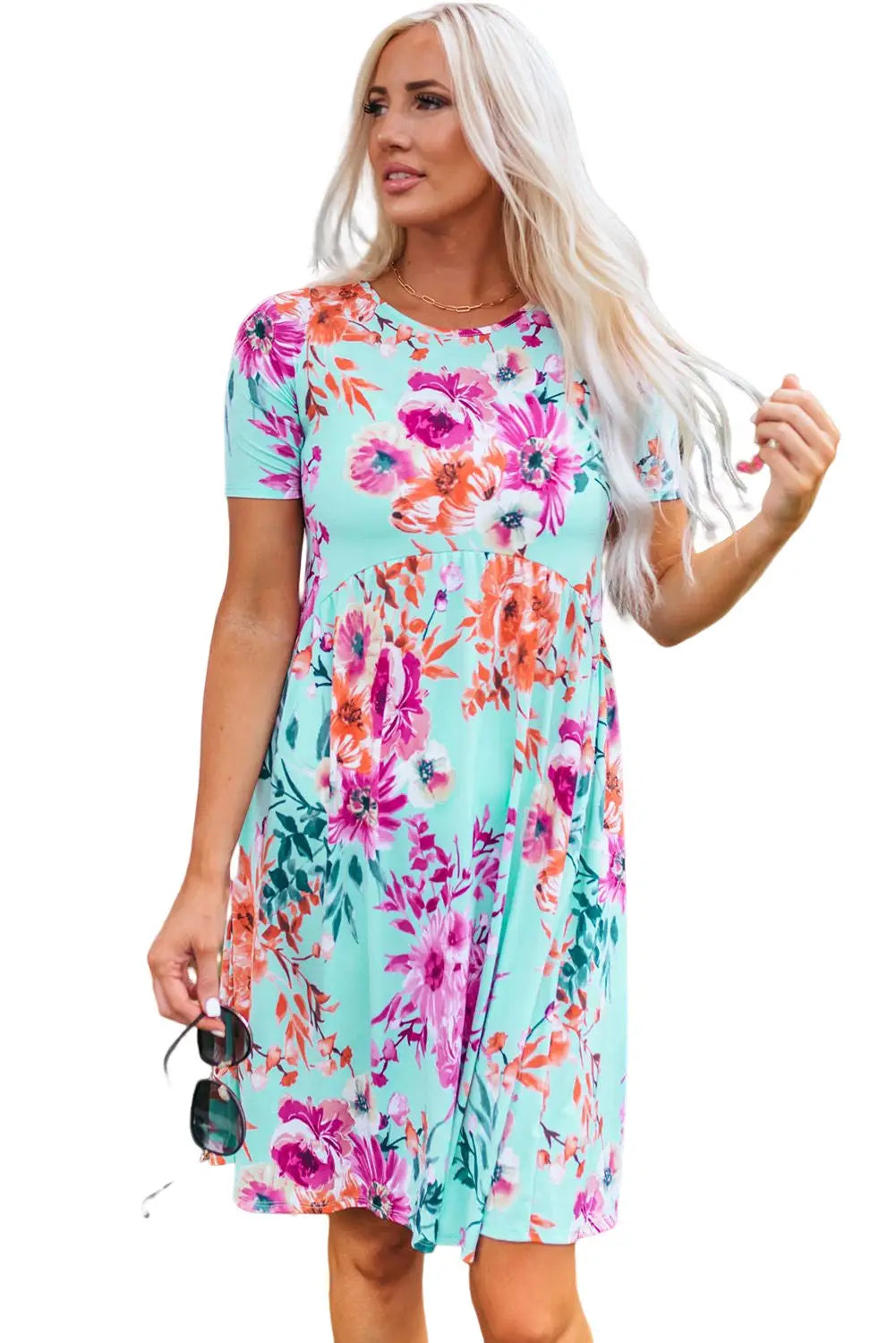 Sky Blue Short Sleeve High Waist Floral T-shirt Dress-16