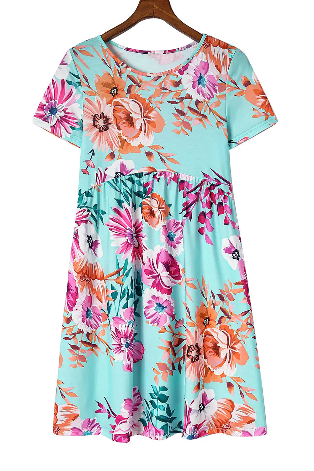 Sky Blue Short Sleeve High Waist Floral T-shirt Dress-15