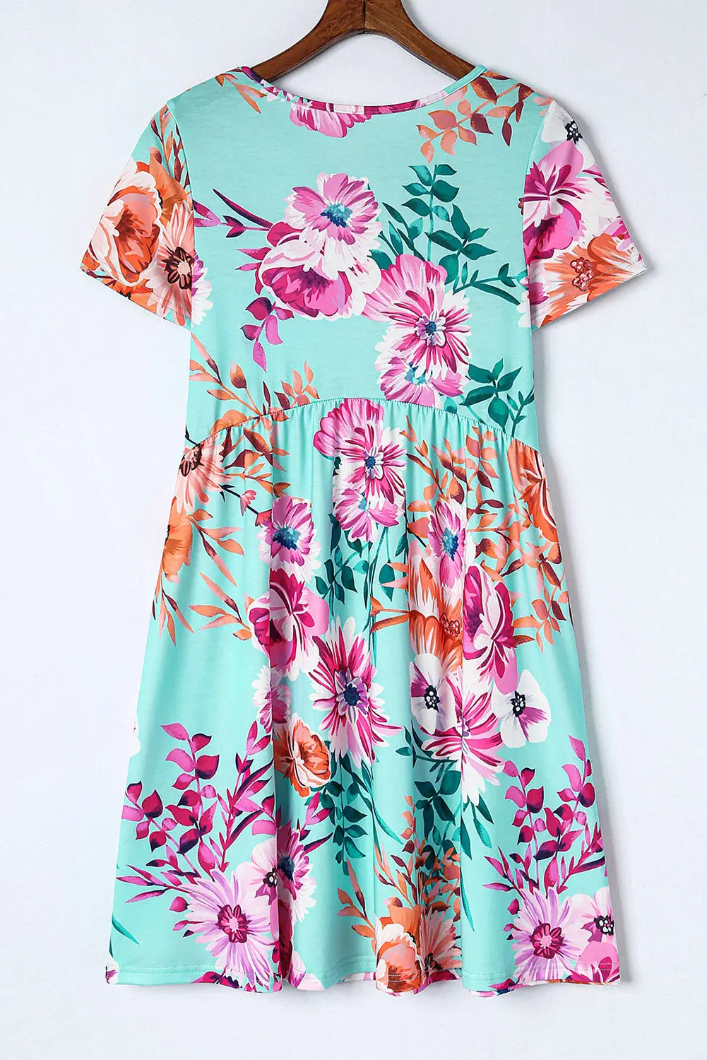 Sky Blue Short Sleeve High Waist Floral T-shirt Dress-10